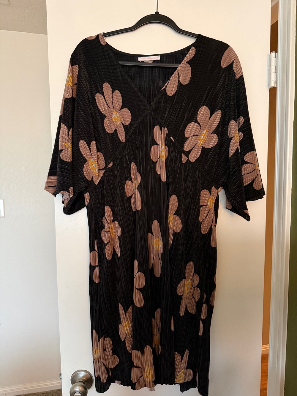 Black Floral Midi Dress with Pink Flower Print